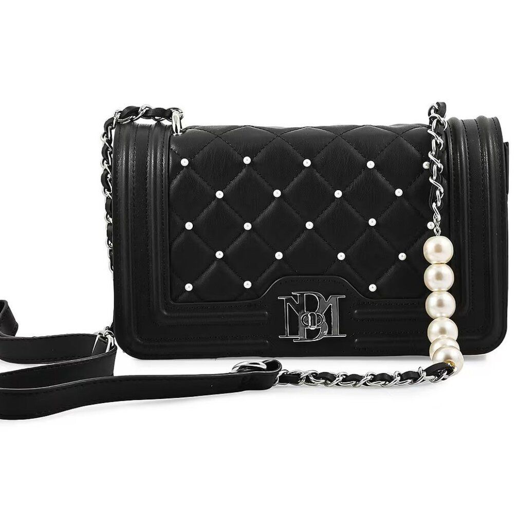 NEW Badgley Mischka Black Quilted Vegan Leather Pearl Crossbody Bag - Picture 1 of 8